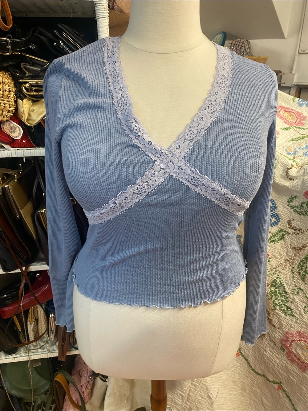 Lace-Trim Ribbed Long Sleeve Top in Dusty Blue